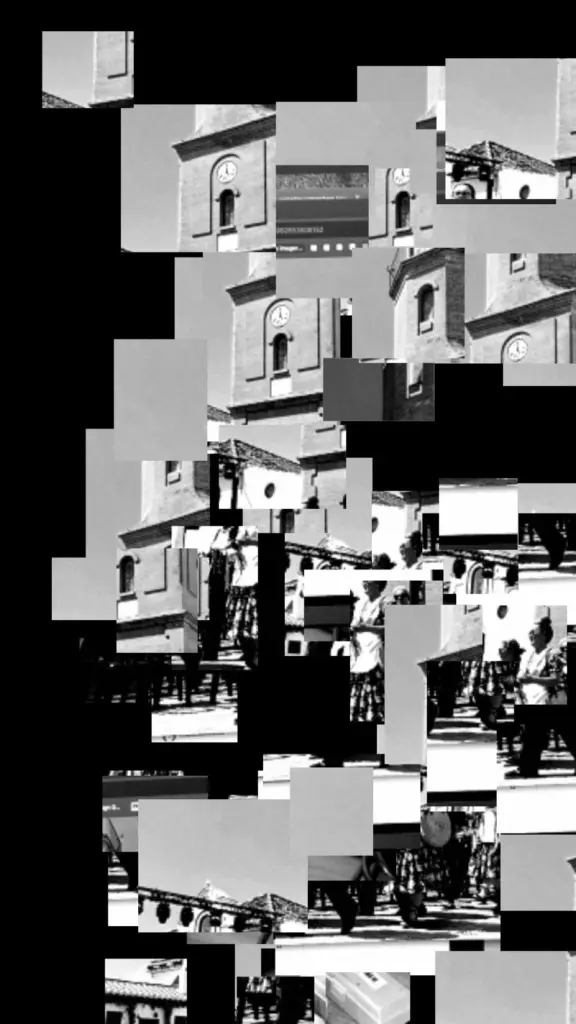 Fragmented black-and-white view of people gathered below the Cómpeta church tower
